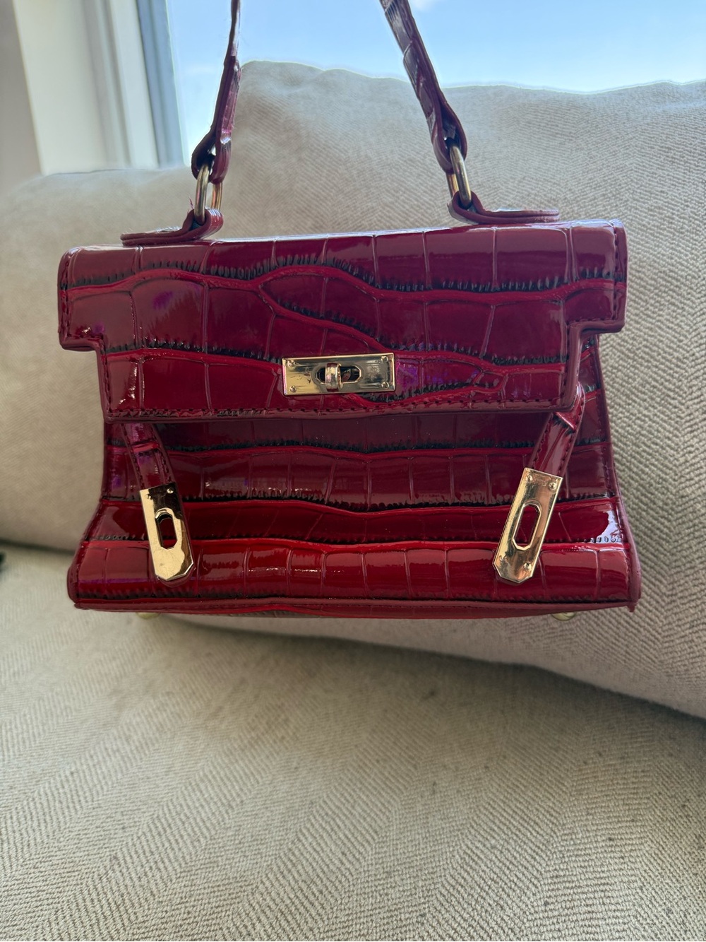 Patent Croc-Embossed Mini Satchel in Deep Red